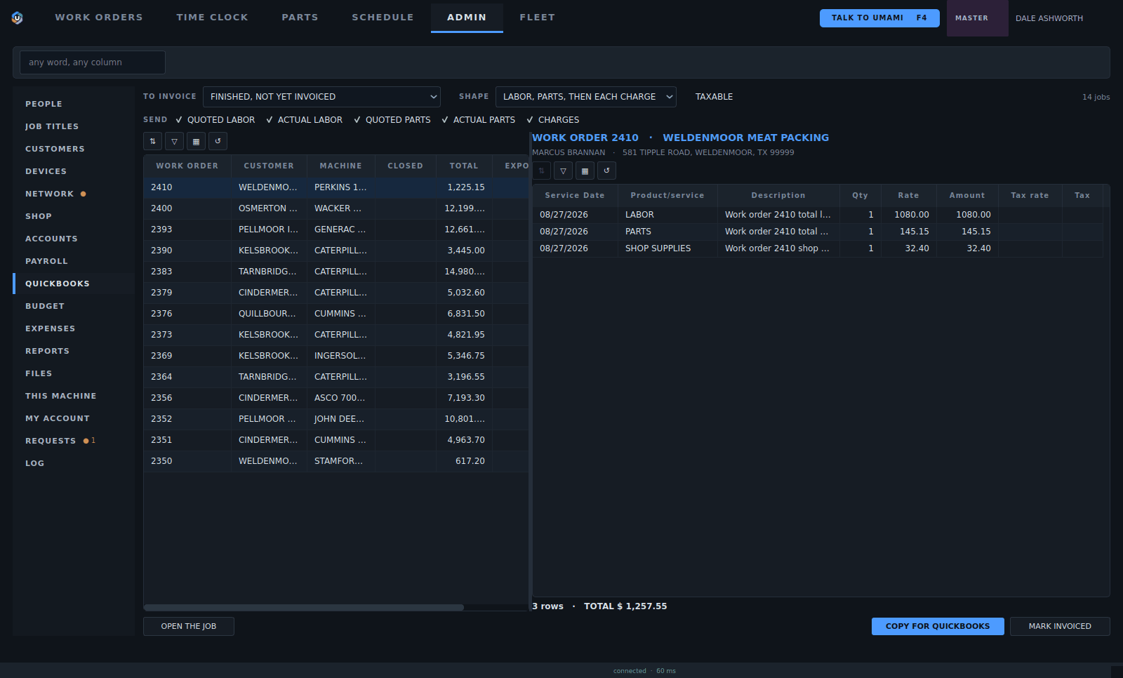 The QuickBooks page: finished jobs ready to invoice, and the invoice rows for the picked one.
