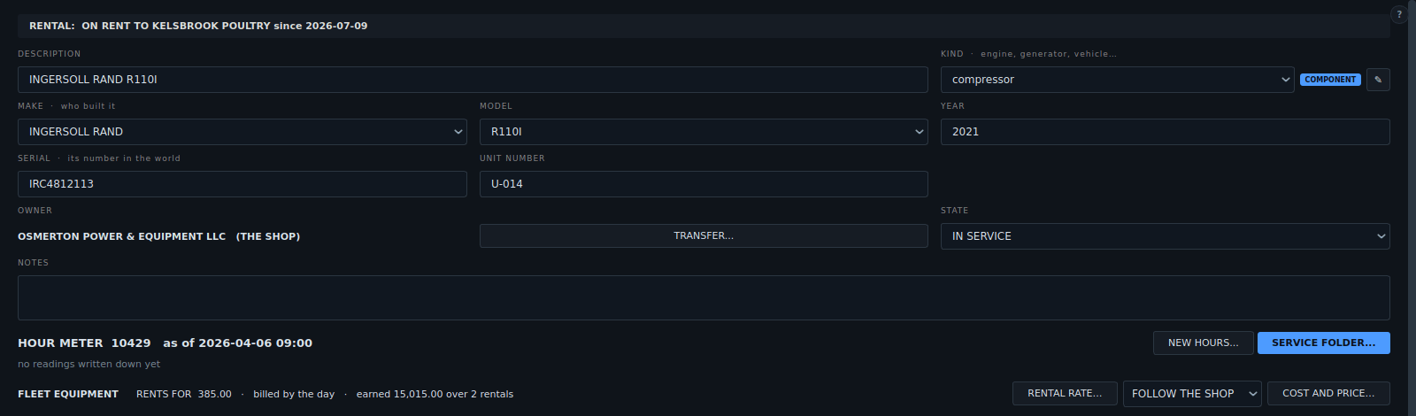 The top of a machine's record: on rent to a customer since a date, the rate, how it bills and what it has earned.
