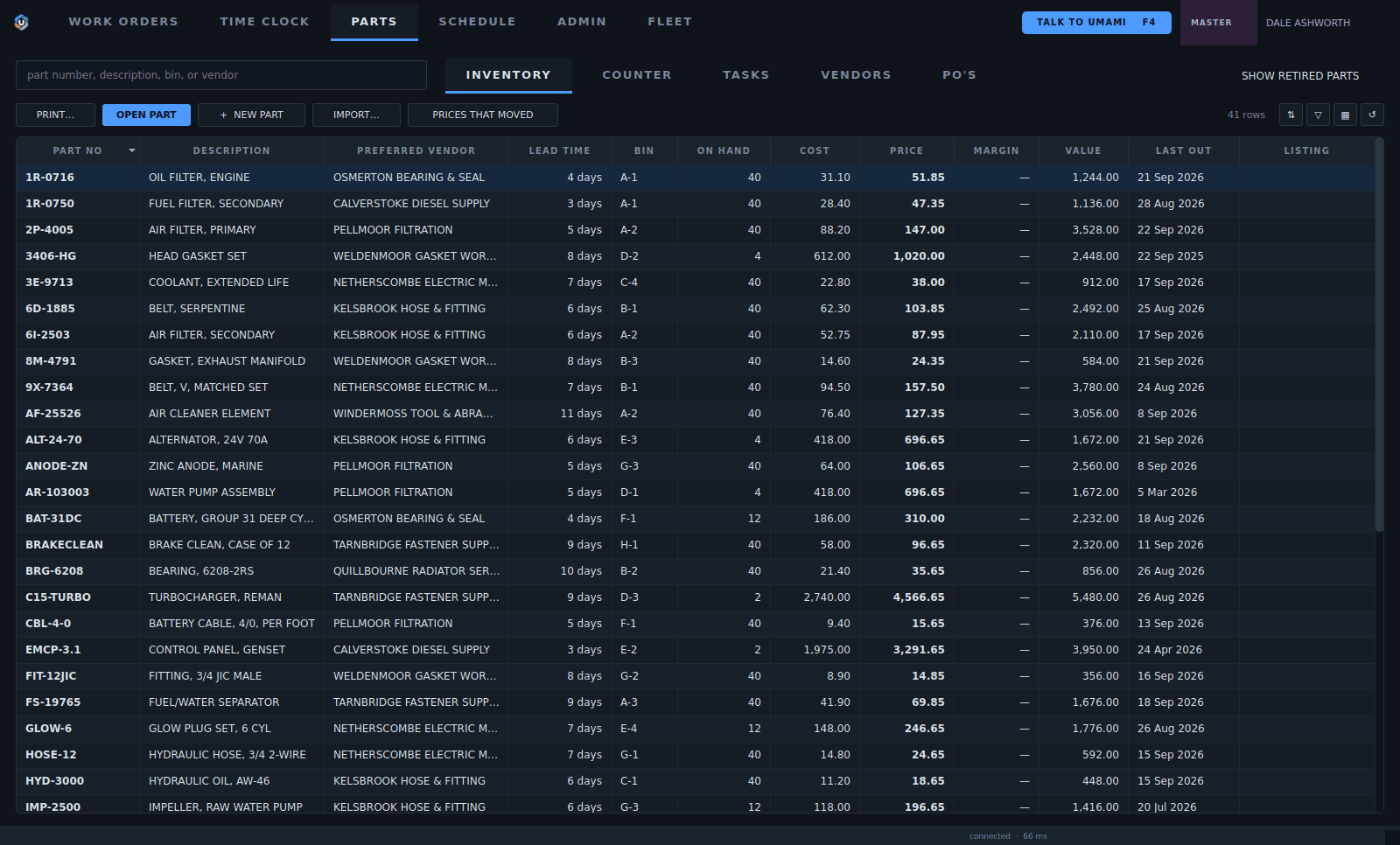 The inventory list with preferred vendors, lead times, bins, stock, cost, price and value.