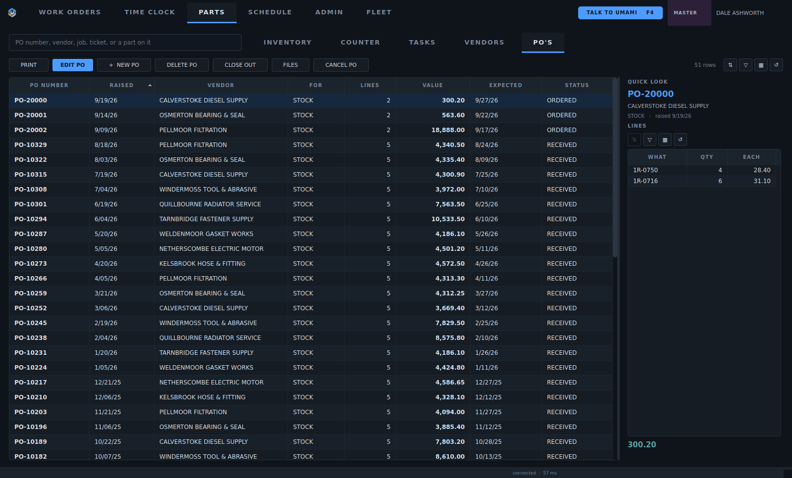 The purchase orders list with a quick look at the picked order.