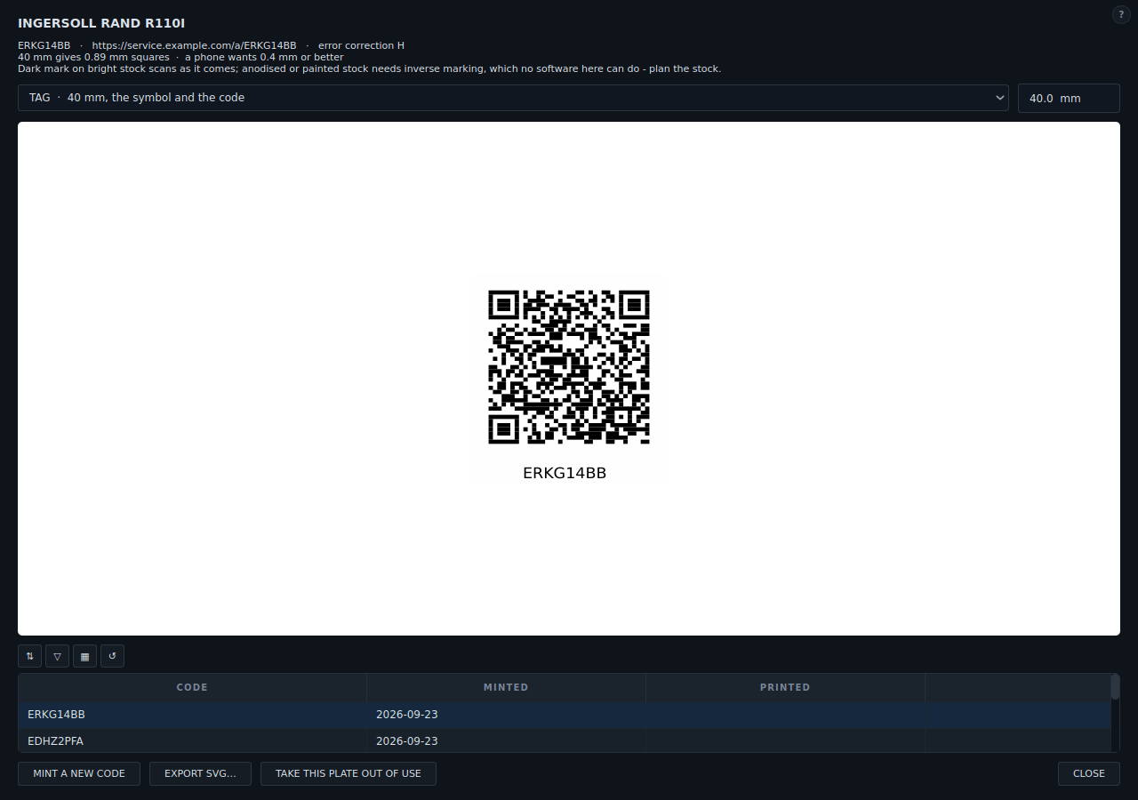 The QR plate window after minting a code, with the plate style and size and the codes minted so far.
