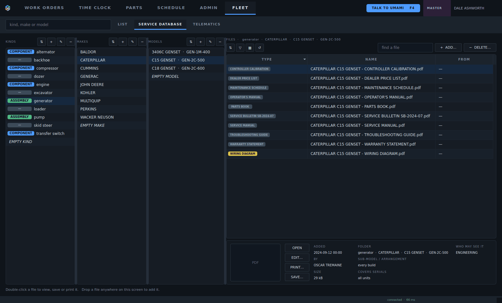 The service database: kinds, makes and models, and the files for the picked model.