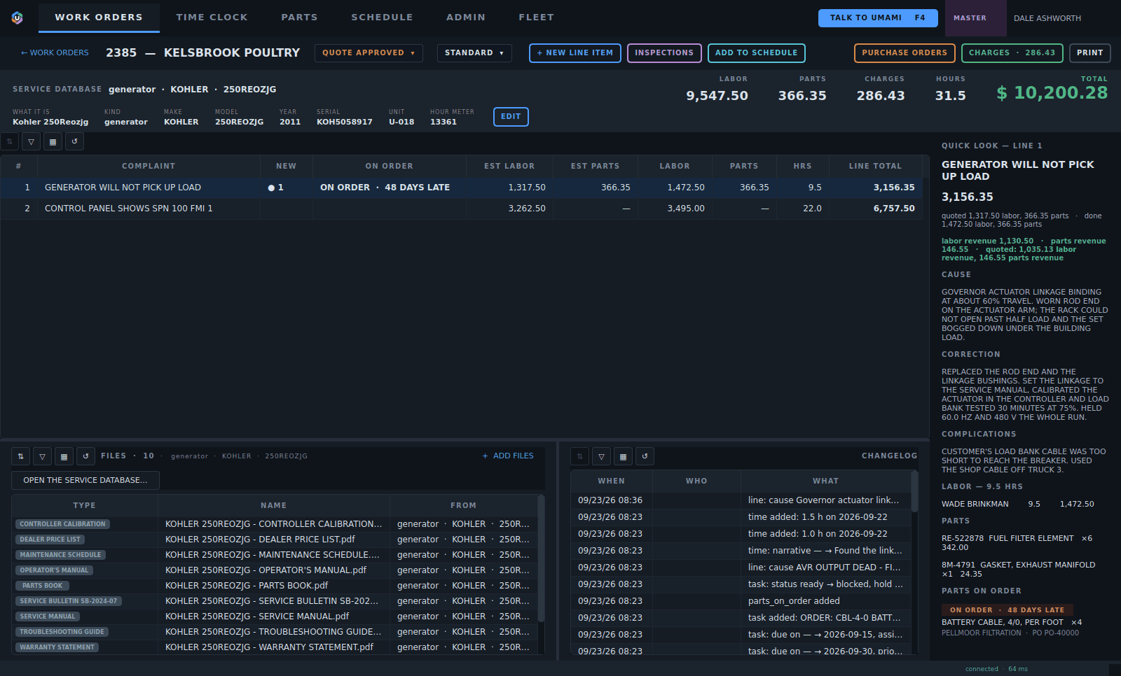 One work order: the machine, its lines, the totals, the files and the changelog.